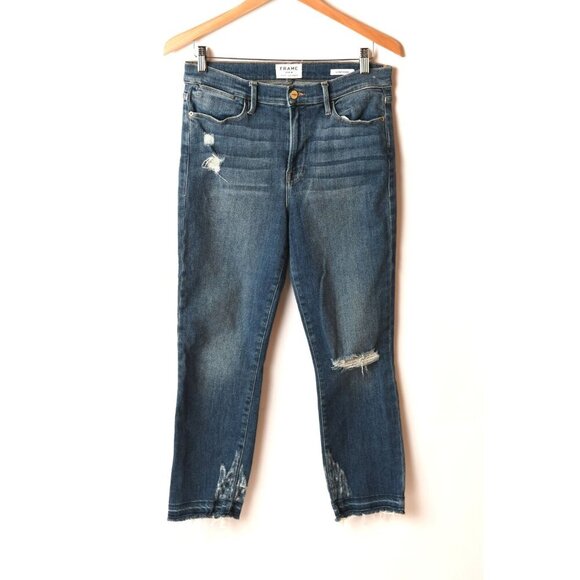 FRAME Denim Women's Sz 31 Le High Straight Raw Hem Distressed Jeans Medium Wash - Picture 1 of 13